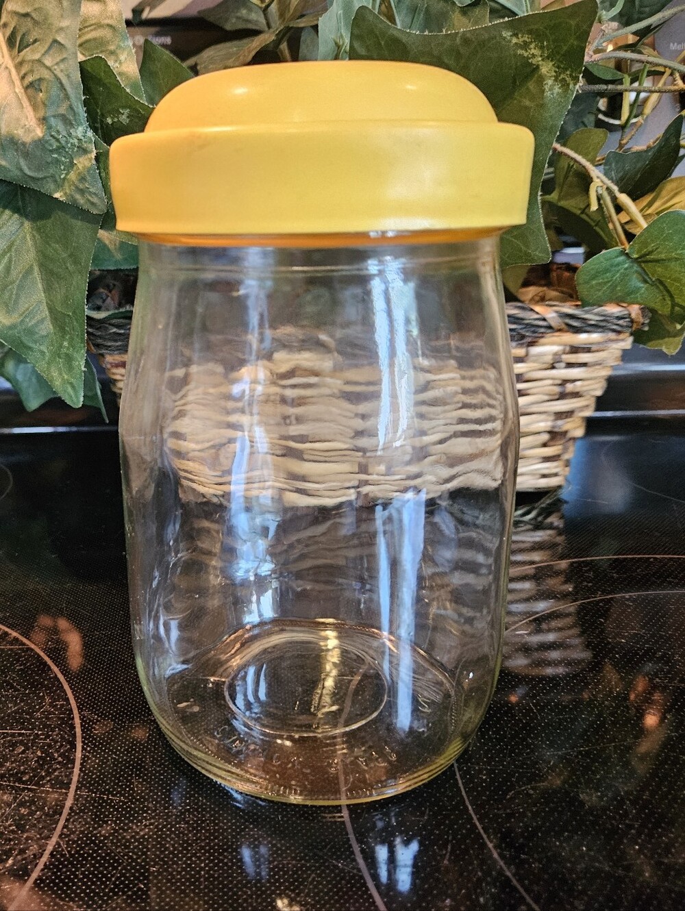 Large Carlton Glass Canister With Yellow Plastic Lid 2L